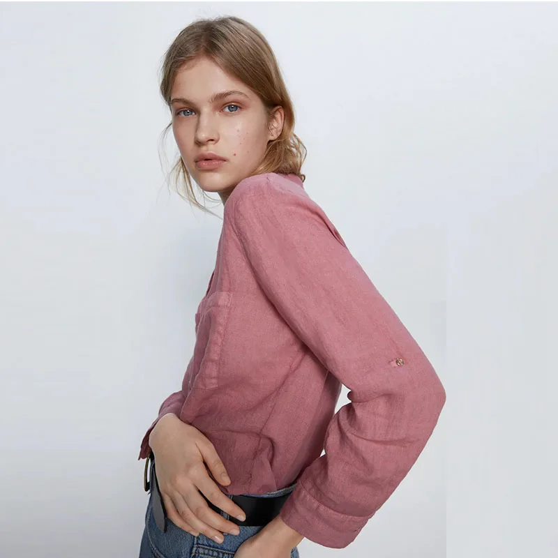 

OLOMM Casual Long Sleeve Womenâ€™s Shirt 2021 Spring New Fashion All-Match Loose Top Pocket Decoration Solid Blouse for Female