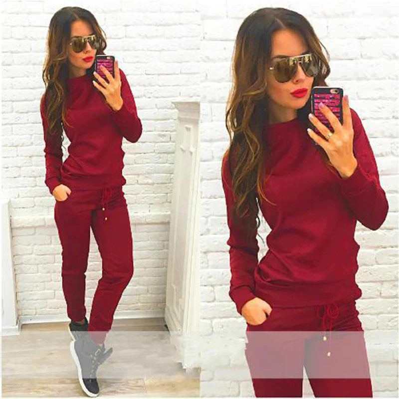 

Fashion 2 Pieces Set Winter Pullover Hoodie + Long Pants Sports Suit Female Sweatshirt Pure Color Woman Ladies Casual Sportswear