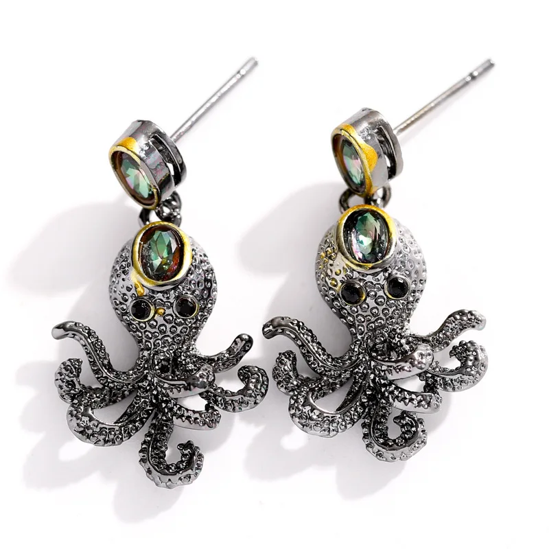 

3pcs/set Black Colorful Animal Jewelry Set for Women Party Wedding Octopus Crystal Ring Earrings Female Accessories