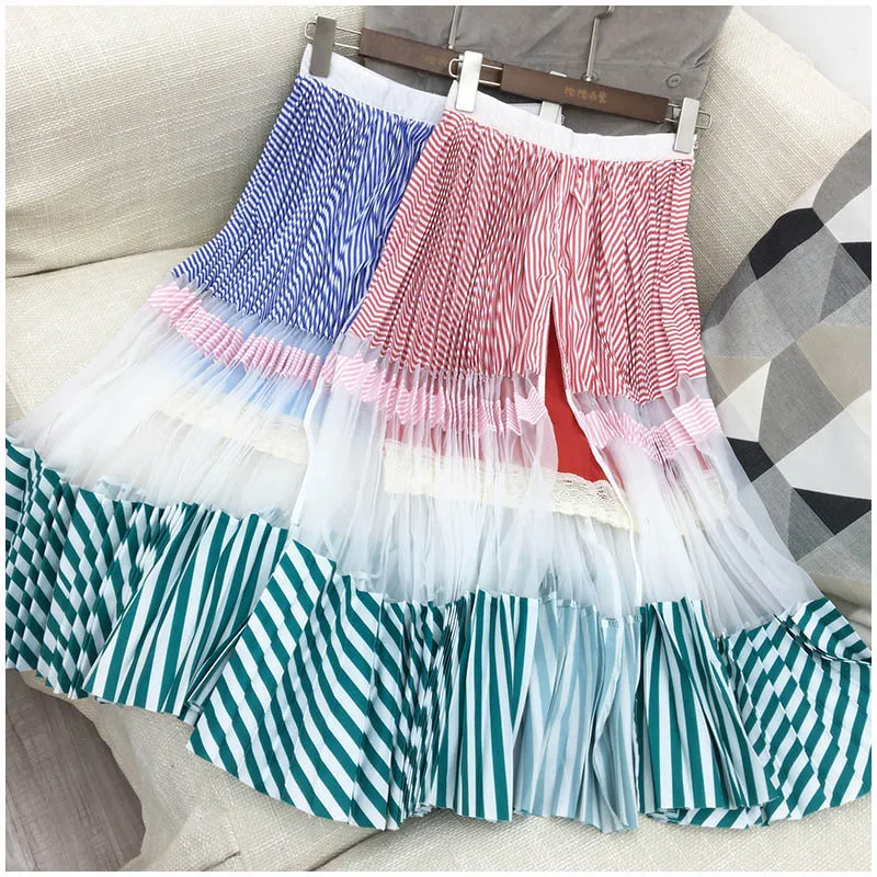 Женская плиссированная юбка с высокой талией длинная кружевная эластичной