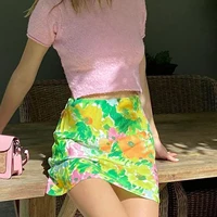 printed wrap hip short skirt country style temperament skirt loose pleated side breathable floral woman slim a line mini skirt