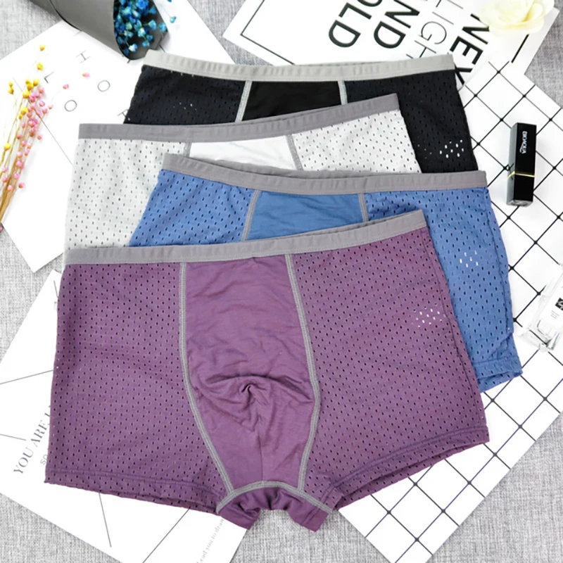 

90KG Breathable Quick Dry Underwear Men Mesh Hollow Plus Size Solid Boxer Shorts Male Elastic Waist Underpants Mens Boxershorts