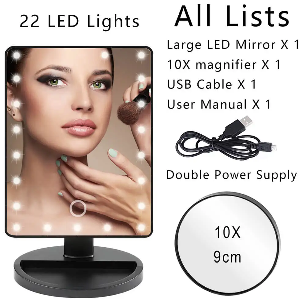 Large 22 LED Black Увеличительный светодиодный светильник, зеркальная лампа для макияжа, 10X лупа, батарея, туалетное стекло, макияж, мини, для ванной, косметическая, для ванной, умная присоска - Цвет: Large 22 LED Black