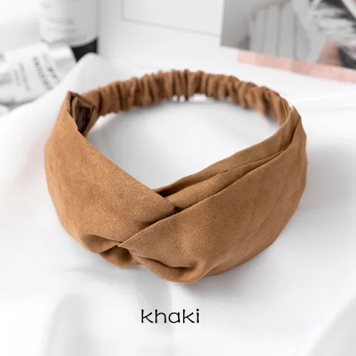 suede khaki Замшевая твист эластичная повязка на голову для женщин девочек Бохо шифон узел повязка на голову тюрбан с цветком повязка на голову аксессуары для волос - Цвет: suede khaki
