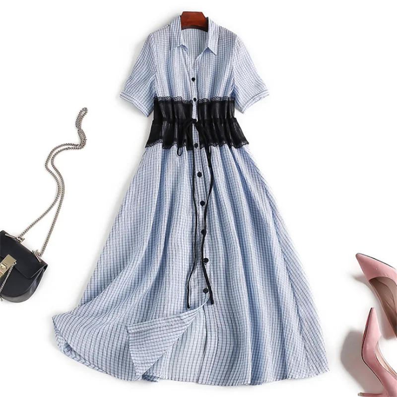 

2021 Summer New Women Dress OL Commuter Lapel Plaid Dress Pleated High Waist Lace Elastic Waist Mid-Length Skirt Female