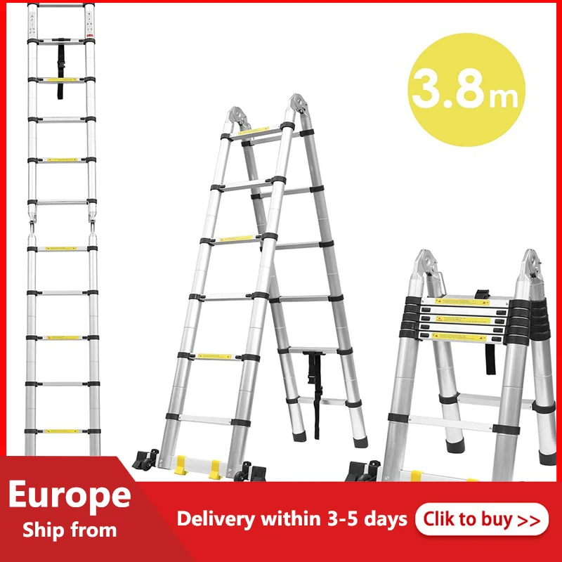

1.9m+1.9m Stable Foldable Telescopic Aluminum Ladder Multi Purpose Industrial Herringbone Telescopic Straight Ladder Step HWC