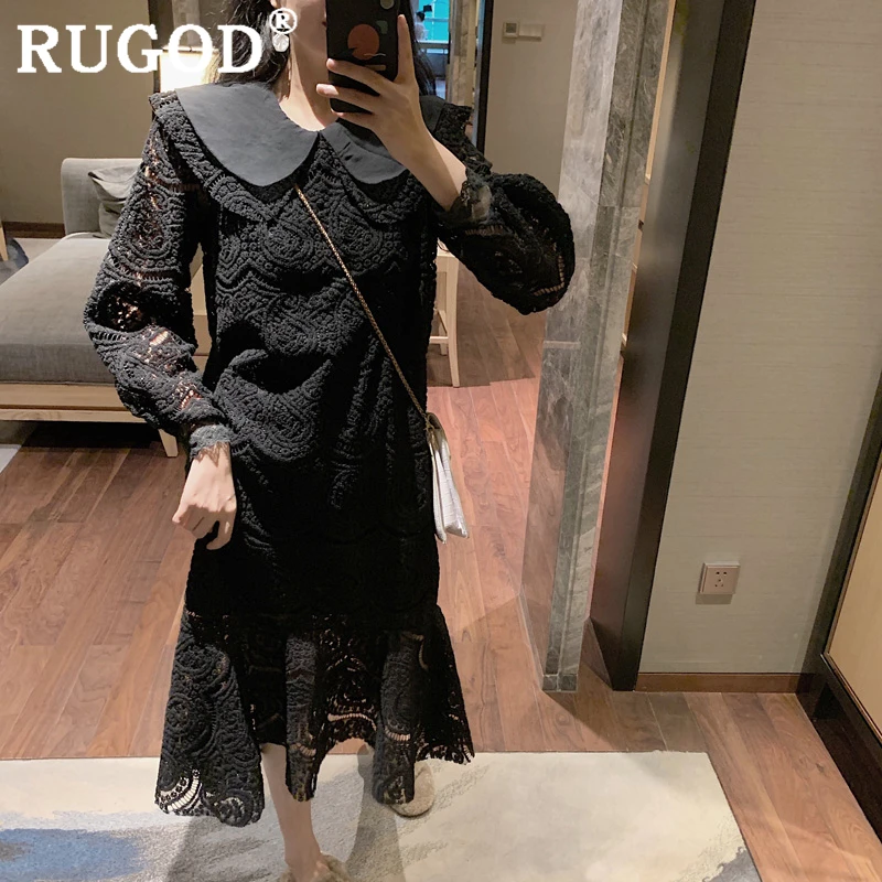 RUGOD элегантное однотонное женское платье с вырезом модное кружевное воротником в