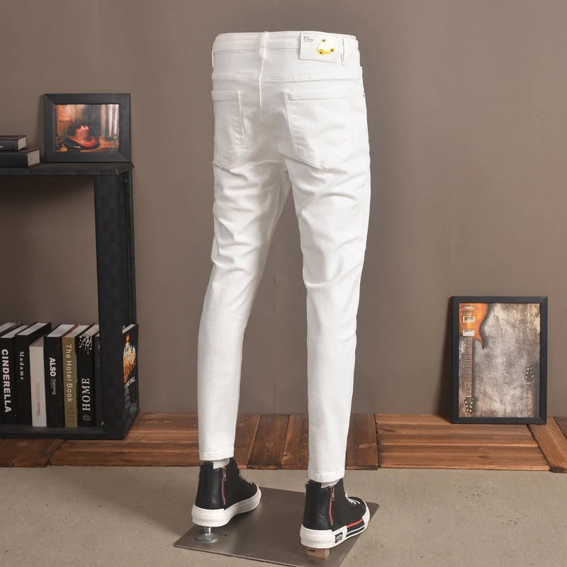 Summer White Jeans Men Thin Stretch Cotton Denim Slim Fit Ankle-Length Pants