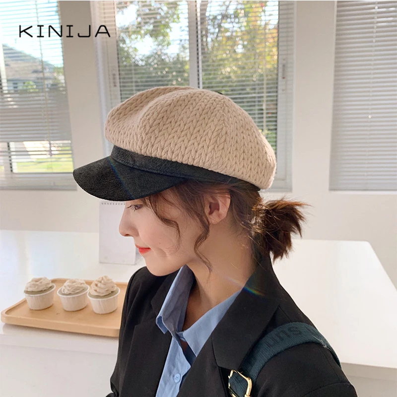 Осенняя вязаная восьмиугольная шапка в стиле ретро уплотненная теплая берет