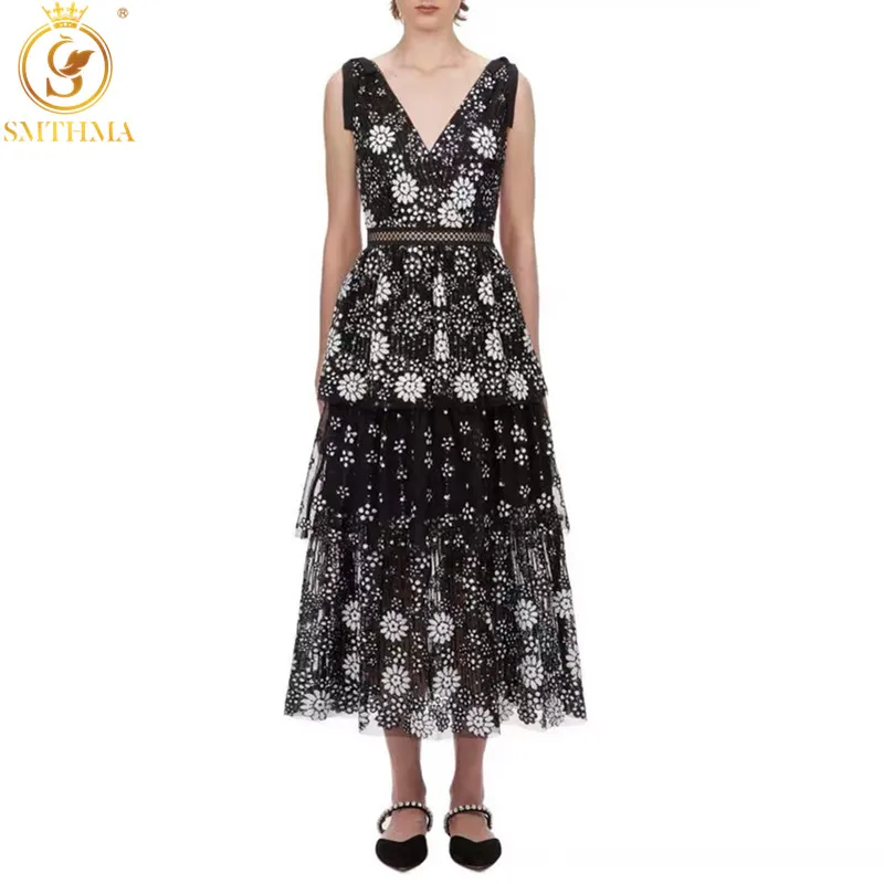 Женское подиумное платье SMTHMA летнее кружевное с v образным вырезом и вышивкой
