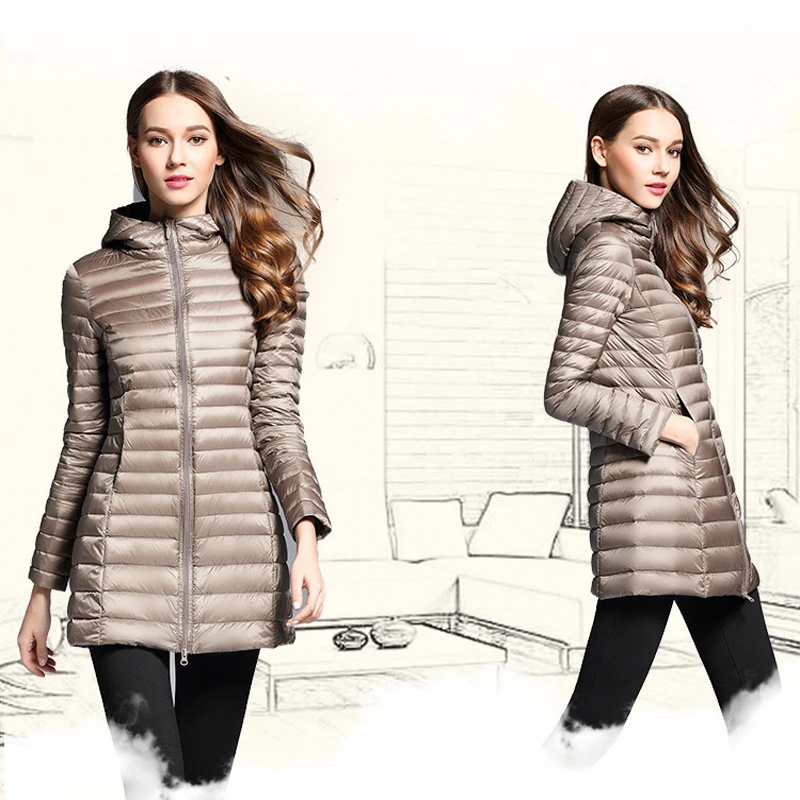 Куртка из утиного пуха с капюшоном для женщин сверхлегкая куртка средней длины