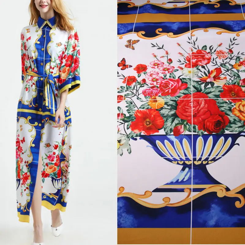 Винтажная ваза и цветочный принт 70x145 см, полиэфирная ткань для женщин, летняя и весенняя юбка, блузка, брюки, ткань «сделай сам» для шитья