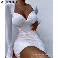 wepbel dress womens sexy v neck strapless slim dress autumn fashion long sleeve high waist solid color pleated dress