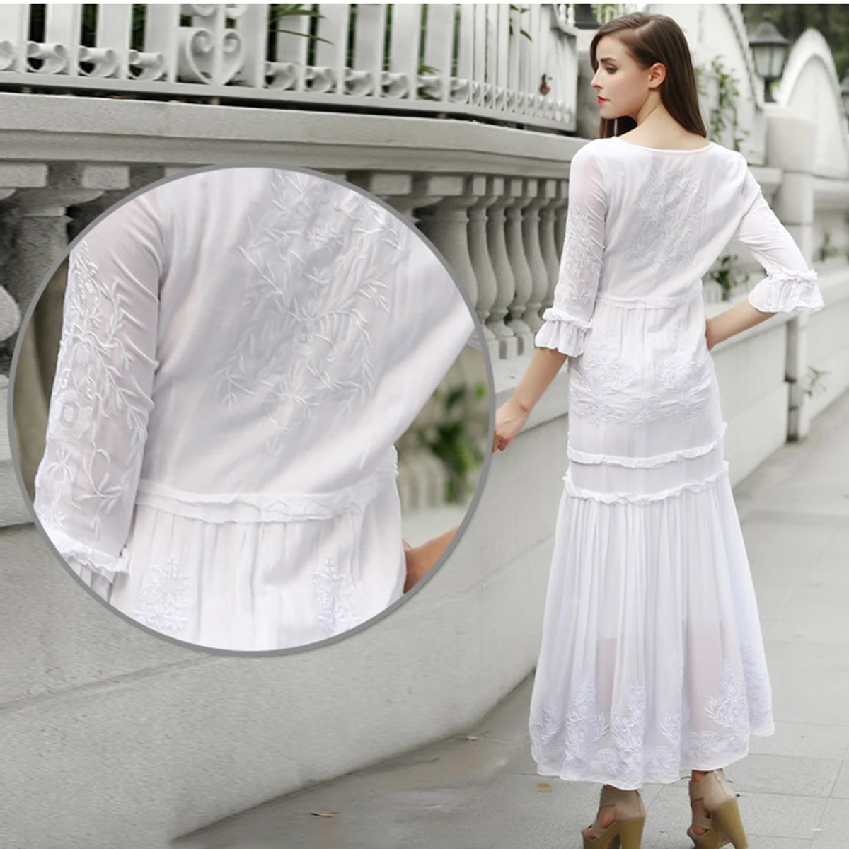 Boho, красное, белое, с вышивкой, макси платье, для женщин, осень, лето, с оборками, элегантные платья,, для девушек, одноцветное, хиппи, Пляжное, длинное платье