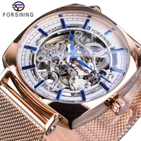forsining rose gold mechanical men wristwatch creative square transparent business steel mesh band sports automatic watches gift