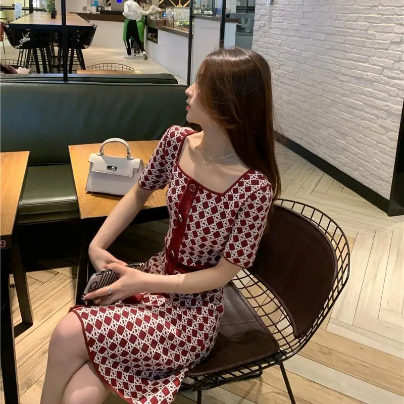 

2021 summer new style women's French square collar dress women waist casual knitted short-sleeved skirt