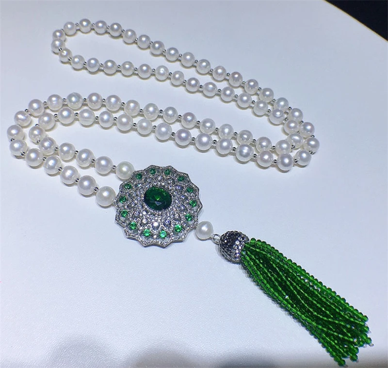 

HABITOO Natural Long Strand 10-11mm White Freshwater Pearl Long Necklace 26inch Green Crystal Flower Cubic Zircon Tassel Pendant
