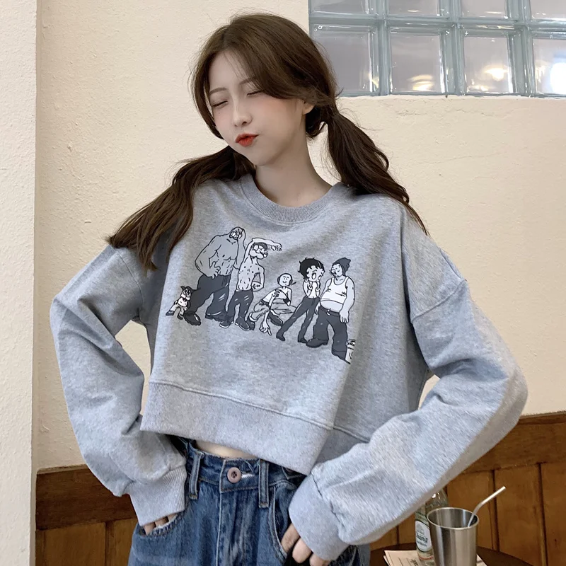 

European and American Hiphop Short Sweater Women's Spring and Autumn Thin Loose Bf Style Bare Midriff High Waist Early Kio