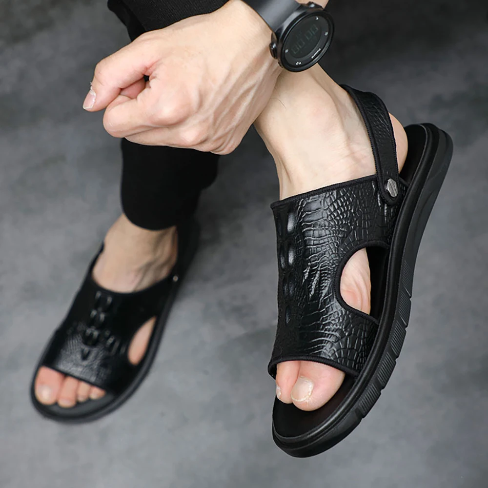 

New Genuine Leather Sandals for Men 2021 Summer Beach Cow Leather Slippers Male Outdoor Sandalies Crocodile Pattern Flip Flop