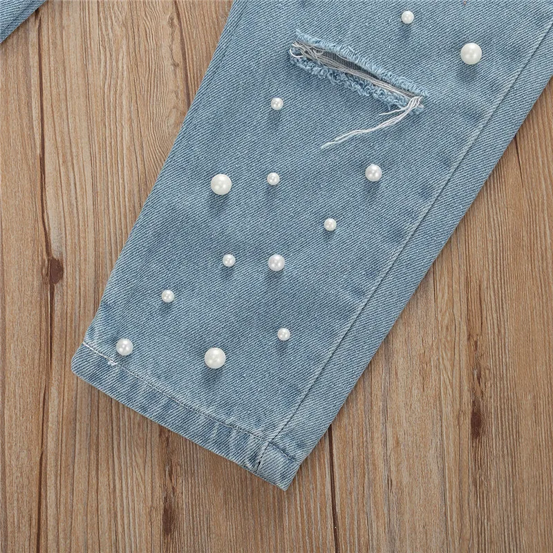 

Sweet Toddler Baby Girls Boys Clothes Sets Sling Ruffles Short Sleeve White T Shirts Tops+Broken Hole Pearls Denim Pants Jeans
