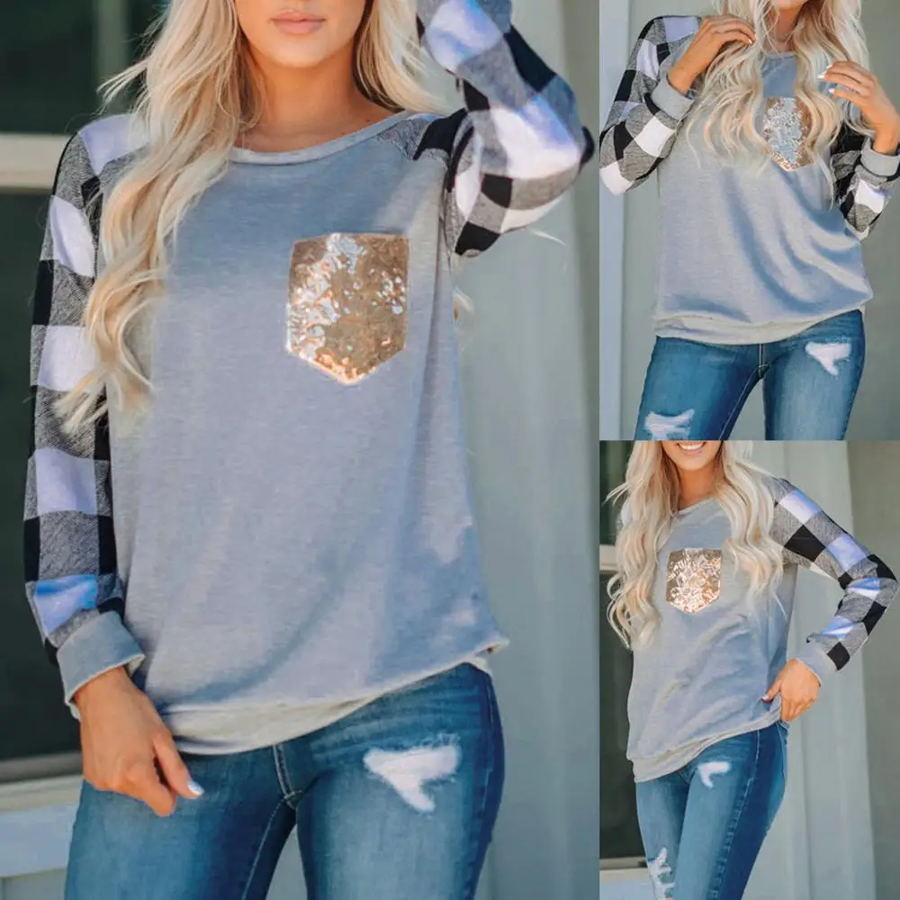 

Spring Autumn Women Tops Long Sleeve womens tops and blouses Plaid Print Sequins Splicing Blouse Easy Tops blouse blusas BB3M