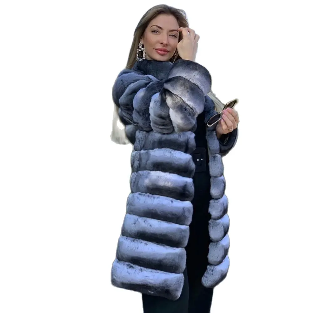 Women Natural Fur Coat Winter Fashion Chinchilla Color Genuine Rex Rabbit Fur Long Coats Stand Collar Trendy Rabbit Fur Overcoat