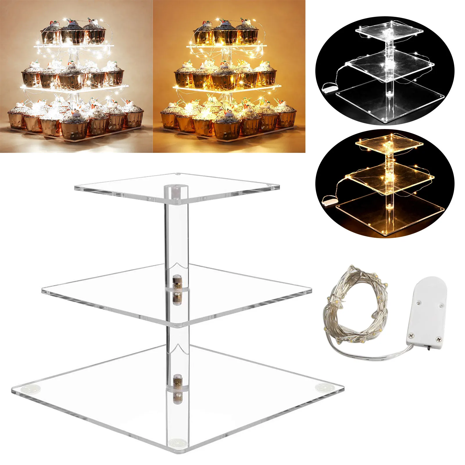 3-Tier Cake Plate Stand LED Light String Cupcake Holder Acrylic Cupcake Display Stand Holder Wedding Party Decoration Cake Tools
