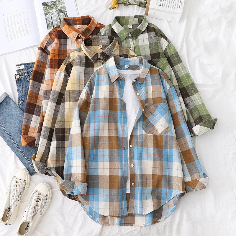 

HSA Women Blouses Office Lady Cotton Oversize Shiers Plaid Tops Blue Long Sleeve 2021 Spring Summer Korean Fashion Shirts