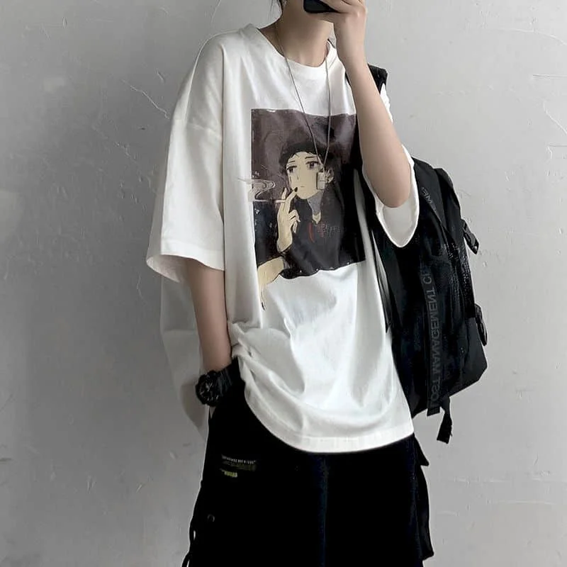 

Men's and Women's Short-sleeved T-shirts Melancholic Girls Oil Painting Print Summer Harajuku Style Japanese T-shirt Oversize