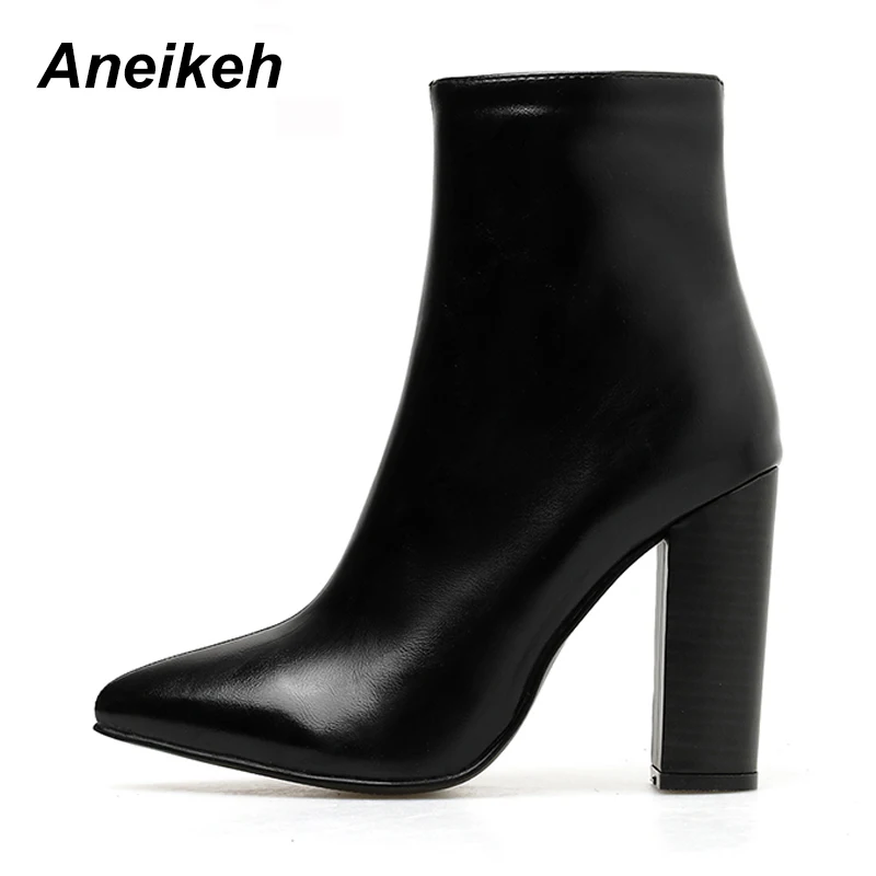 Aneikeh 2021 New Spring/Autumn Fashion PU Chelsea Ankle Boots Pointed Toe Zip Women's Party Thick Heel Shallow black 35-40 | Обувь