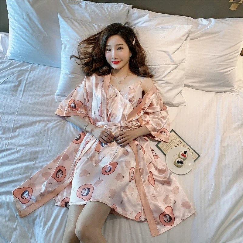 

QWEEK Women's Dressing Gown Summer Robe and Nightgown Sets Avocado Print Sexy Bathrobe Bride Negligee Nightwear Nightdress Rayon