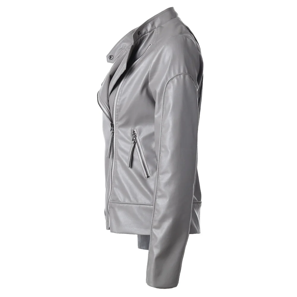 Winter Personalized Faux Leather Solid Color Stand Collar Side Zipper Jacket for Women Dropshipping