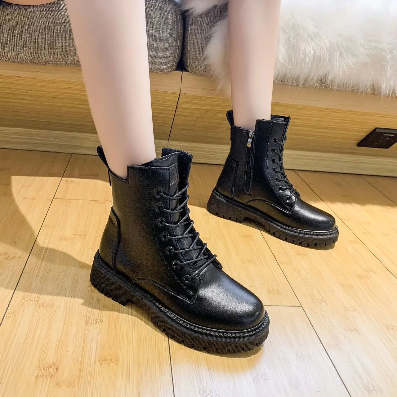 

Женские ботинки со шнуровкой WHNB, черные или коричневые короткие ботинки на толстой подошве, на квадратном каблуке, зимние теплые ботинки на ...