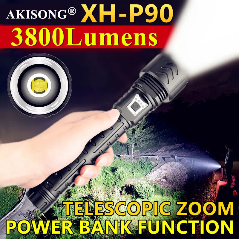 

4Core XHP90/P70 Outdoor Hunting High Power LED Flashlight Zoomable USB Charging 26650 Camping Lighting Powerfu Tactical Torch