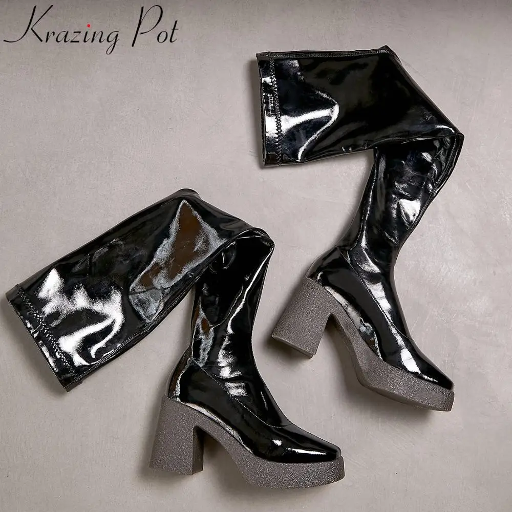 

Krazing pot/2021; Рекомендуемые высокие модные сапоги до бедра с квадратным носком; Элегантные Зимние ботфорты без застежки на платформе; L10