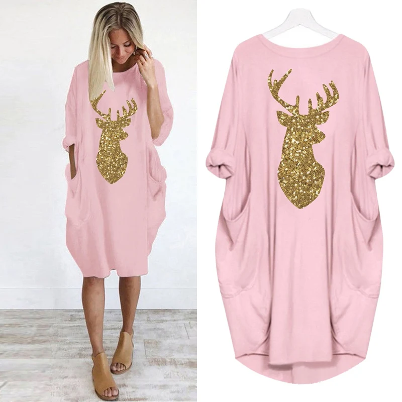 

Ladies Christmas Sequin Antlers Dress Round Neck Plus Size Dress Women's O Neck Long Pocket Loose Vintage Harajuku Dress Q9