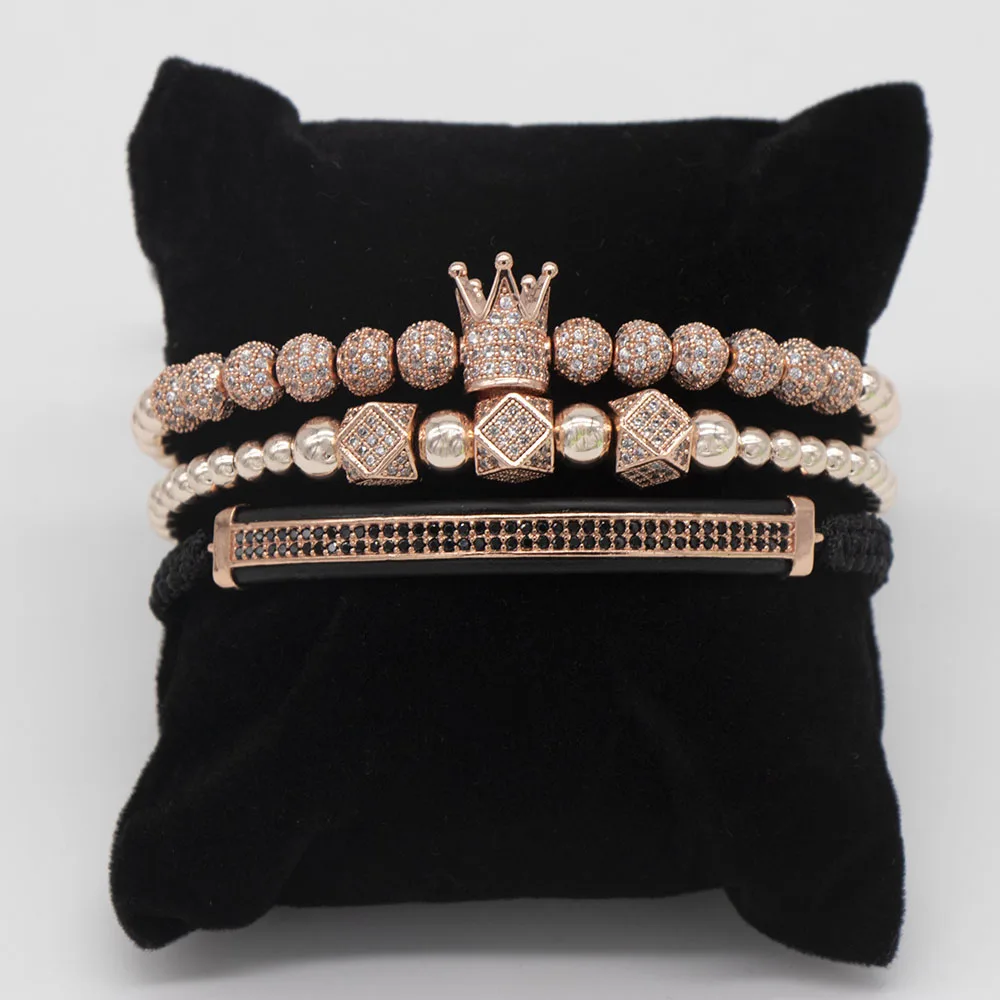 3pcs set rose gold Мода роскошный Римский Королевский браслет с шармом с короной для мужчин Золотой Плетеный Регулируемый мужской браслет для хип хоп ювелирный подарок - Metal Color: 3pcs set rose gold