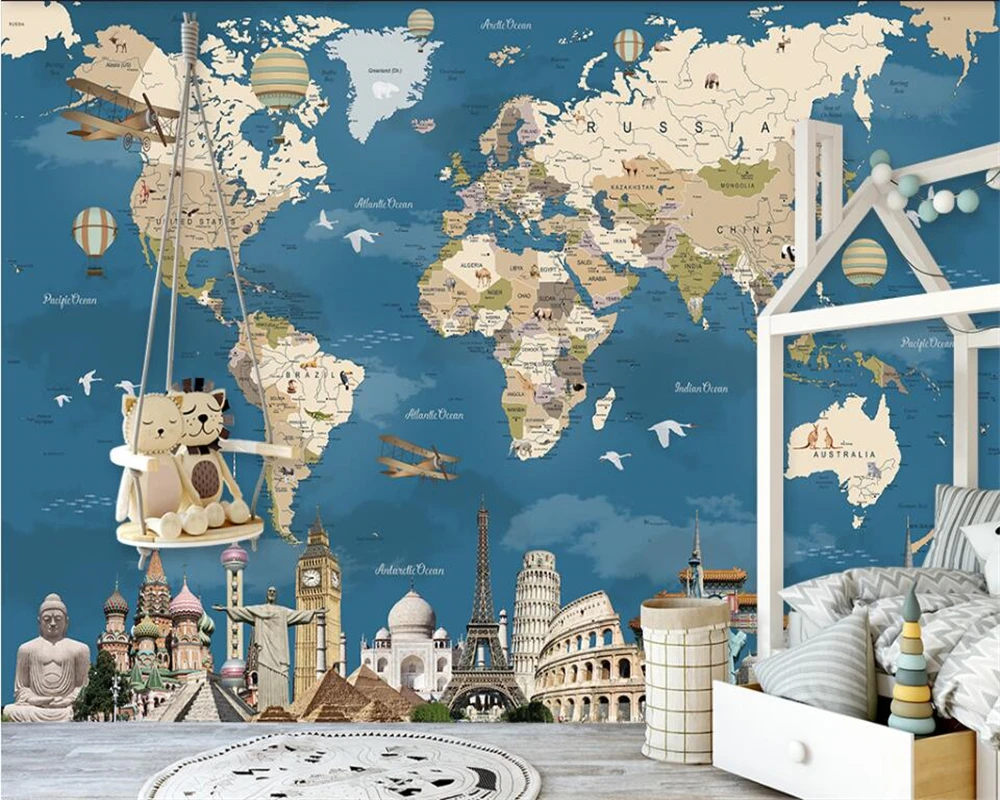 

beibehang Customized modern personality wallpaper hand drawn retro vintage world map TV background papel de parede papier peint