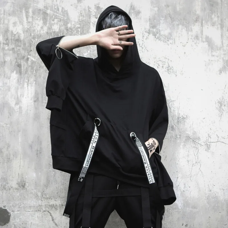 

Autumn men oversized punk hip hop hoodie ribbons streetwear men harajuku nightclub DJ singer thin hoody stage sweatshirt costume