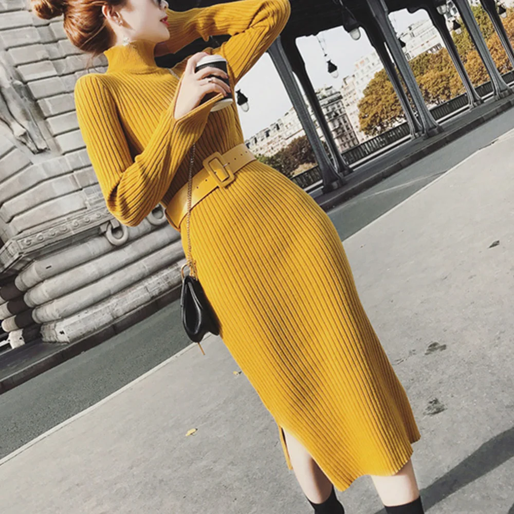 Элегантное женское платье Осенние вязаные свитеры облегающее офисное с разрезом