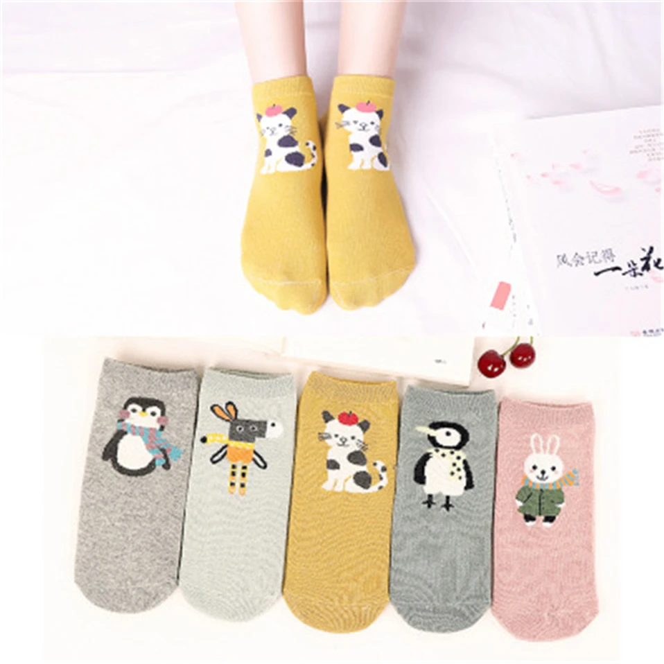 5 пара/лот, хлопковые женские носки с милым рисунком кота, животных, Kawaii, носки для девочек, для женщин, забавные носки, Новинка