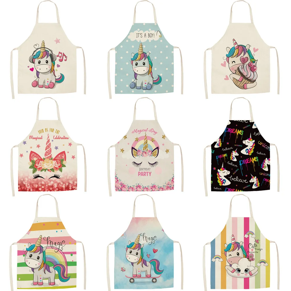 

Parent-child Kitchen Apron Cartoon Rainbow Unicorn Printed Sleeveless Cotton Linen Aprons for Men Women Home Cleaning Tools DH10