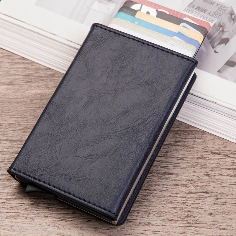 blue DIENQI Анти Rfid id держатель для карт Чехол Мужской кожаный металлический кошелек мужской кошелек для монет женский мини карбоновый кредитный держатель для карт на молнии - Цвет: blue