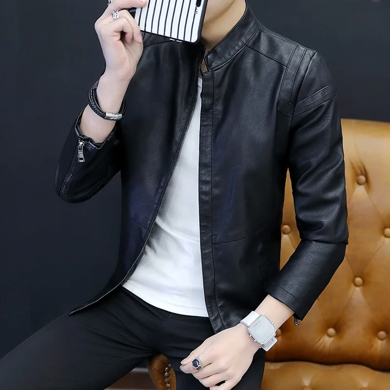 

2020 men's spring season new men collar PU leather youth pure color cultivate one's morality washed locomotive leather