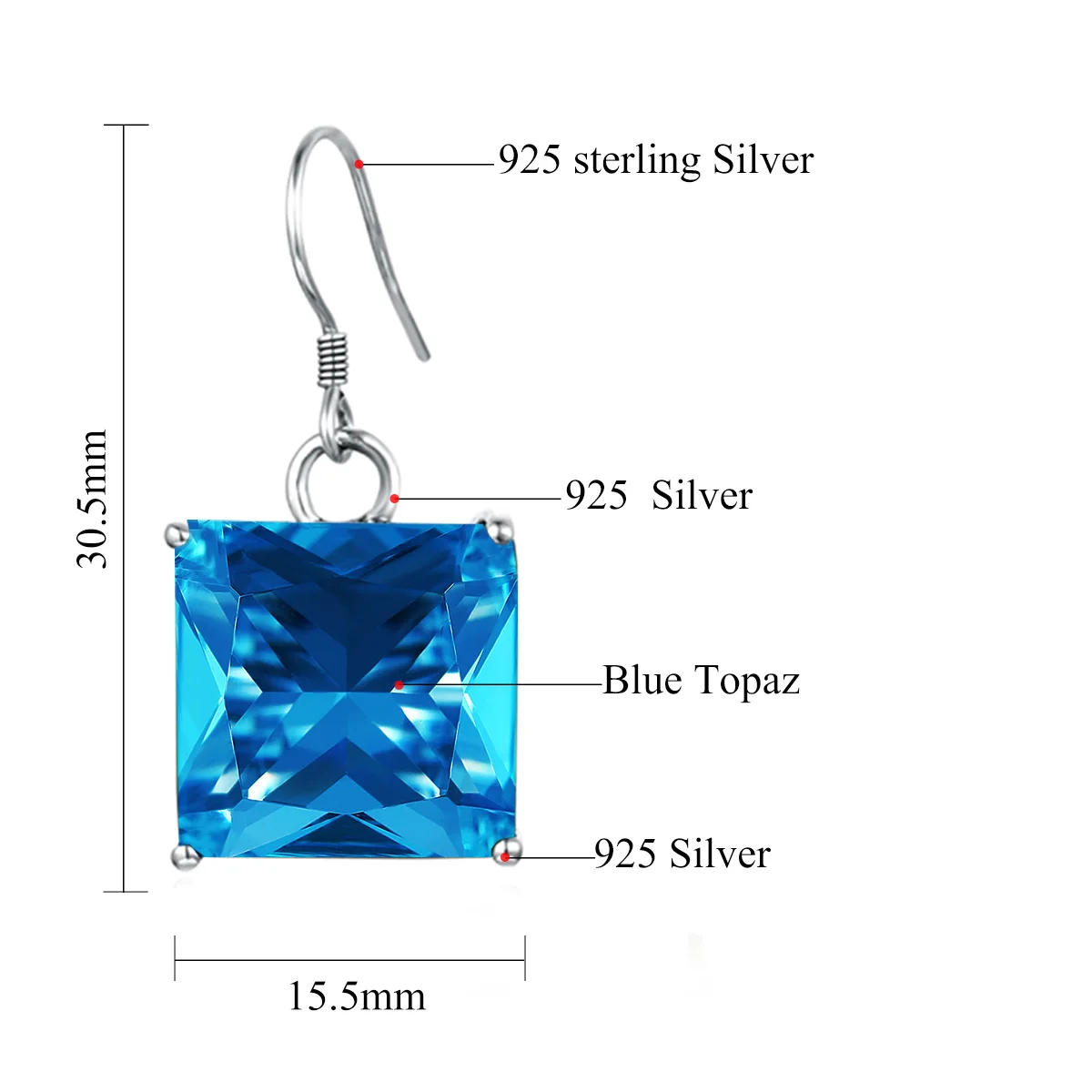 

SDOOU Silver Earrings For Women Sterling Silver Drop Earrings Trendy Classic Square Big Gemstone Blue Topaz Famous Brand Jewelry