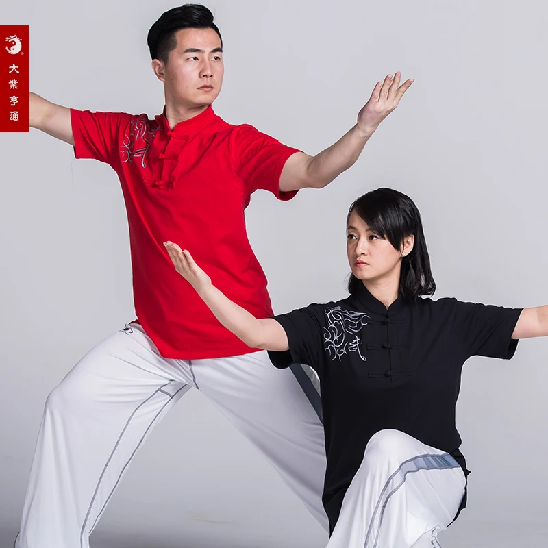 Хлопковая футболка Tai Chi с вышивкой топ короткими рукавами в китайском стиле |