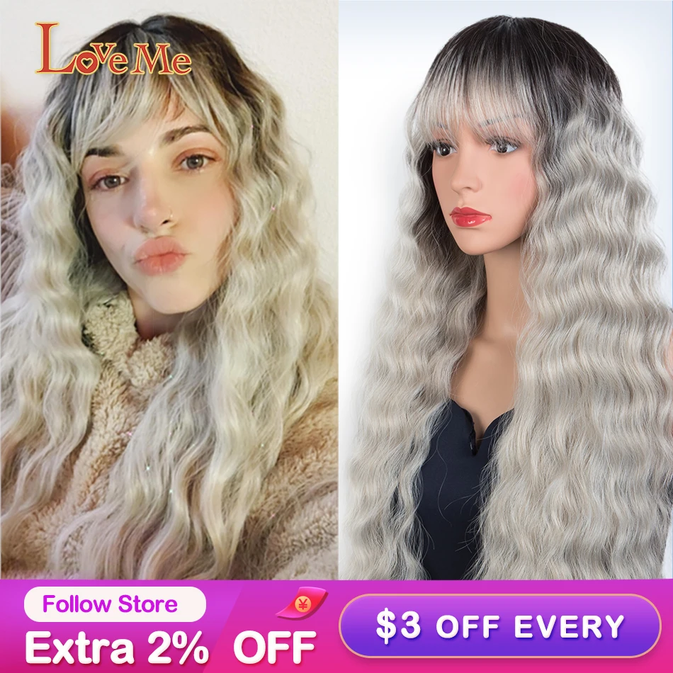 LOVE ME Long Deep Wave Synthetic Wig With Bangs Ombre Blonde Rainbow Colored Cosplay Wigs For Black Women Heat Resistant Fibre