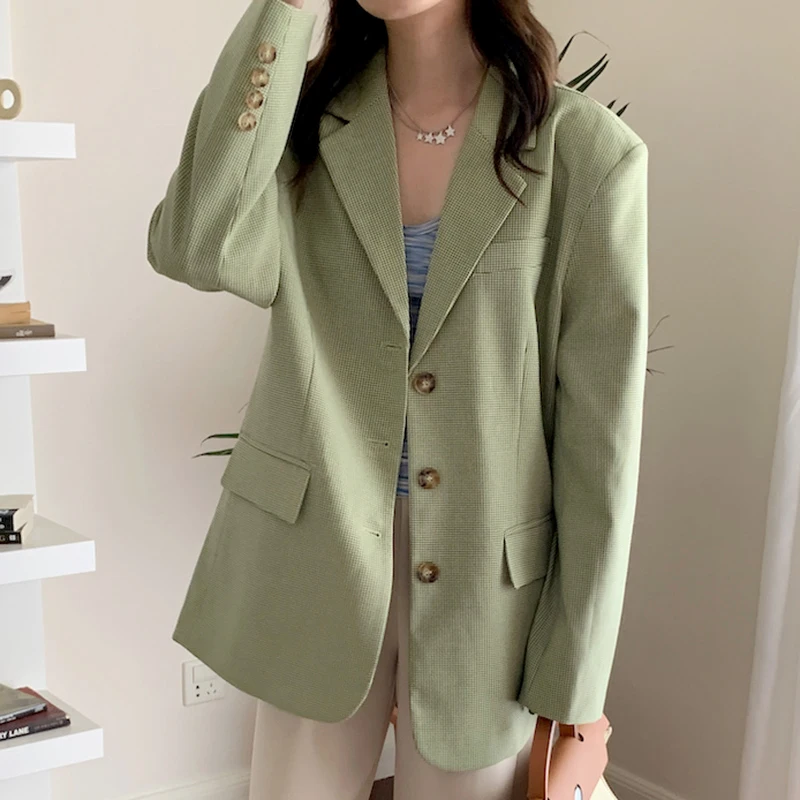

Женский клетчатый Блейзер, повседневный свободный зеленый винтажный пиджак с английским воротником и длинным рукавом, с карманами, весна ...