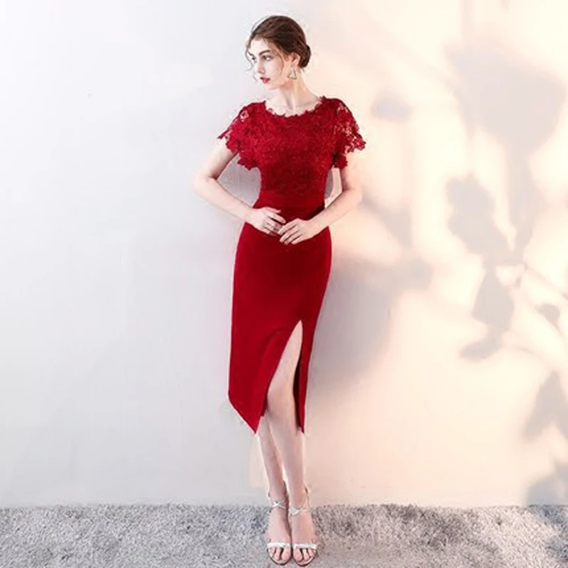 

Elegant Appliques Jewel Red Evening Dresses Knee-Length A-Line Bowknot Zipper Up 2021 New Design Fashion Formal Gown
