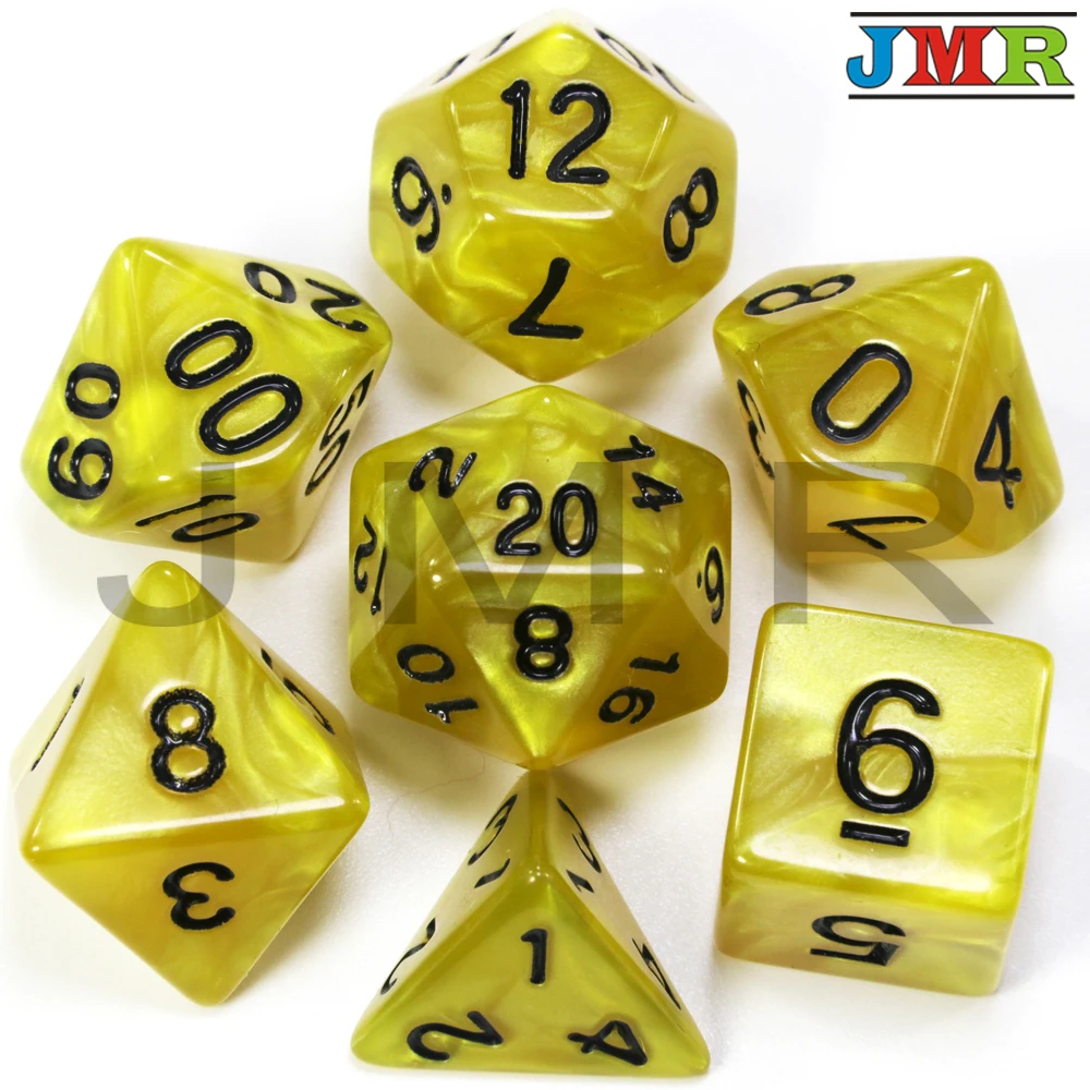 Dados De Rpg 7 шт./компл. многогранные RPG игры мраморный эффект кости D4-D20 мульти стороны кости Поп для подземелья и Драконов - Цвет: Yellow 01 Black Ink